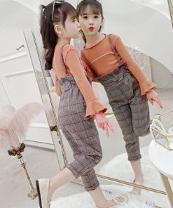 （子供）その他 | ズボン 2点セット 長ズボン セットアップ トップス 長袖 子供服 キッズ チェック柄 ブラウン 女の子 ワイドパンツ