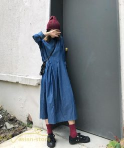 デニムワンピース | ゆるワンピース レディース デニム 長袖 レトロ風 可愛い Aラインワンピース フリーサイズ 丸首 体型カバー おしゃれ 秋 コーデ ゆったり