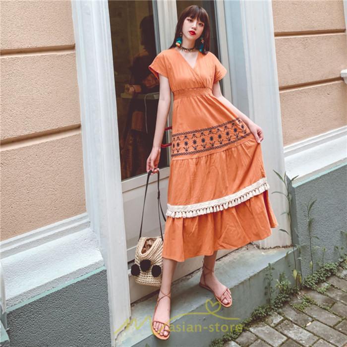 マキシ | ワンピース エスニック 綿麻 エスニックファッション 春ワンピ 夏ワンピ コットン リネン かわいい おしゃれ ハイウエスト バカンス 刺繍 Vネック リゾート 旅行