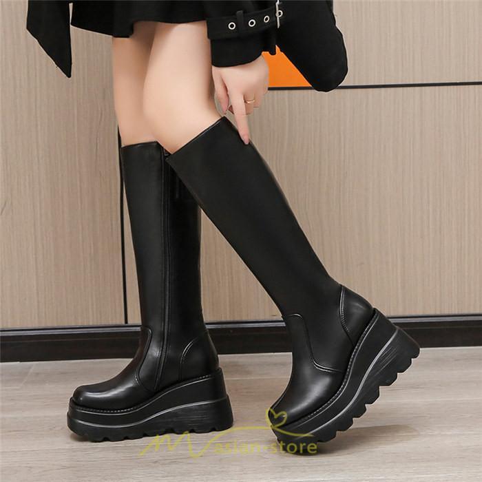 ロングブーツ | レディース ブーツ 厚底 歩きやすい 痛くない 定番 カジュアル 人気ブーツ ファスナー 黒 ブラック シンプル 美脚 おしゃれ 白 オフホワイト