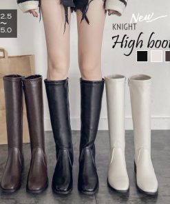 ニーハイブーツ | レディース スクエアトゥ レザー調 春秋冬 ロング丈 美脚 ローヒール 合皮 大人