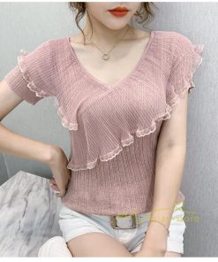 ｔシャツ・カットソー | サマーニット レディース 半袖 Vネック カラー きれいめ トップス Tシャツ ニットソー 薄手 新品 夏新作 2021 激売れ お出かけ ファッション 激売れ エレガント