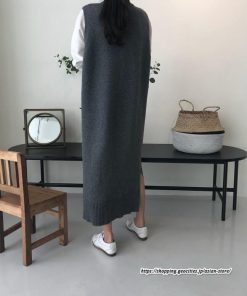 ベスト | ニットベストワンピース ロングレディース ベストワンピース ロングワンピース ニットワンピース ノースリーブ 袖なし サイドスリット入れ 丸首 無地
