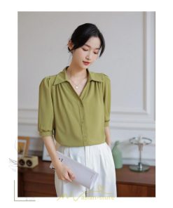 シャツ・ブラウス | ブラウス シャツ トップス レディース 春 夏 半袖 バブルスリーブ シフォン 柔らかい Vネック 着痩せ かわいい 上品 きれいめ エレガント オフィス フォーマル