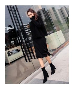 在庫ある | 短納期ニットワンピース ニットトップス 2点セット セットアップ タイトワンピース 裾スリット ハイネックショート丈トップス 長袖 シルエット OL カットソー