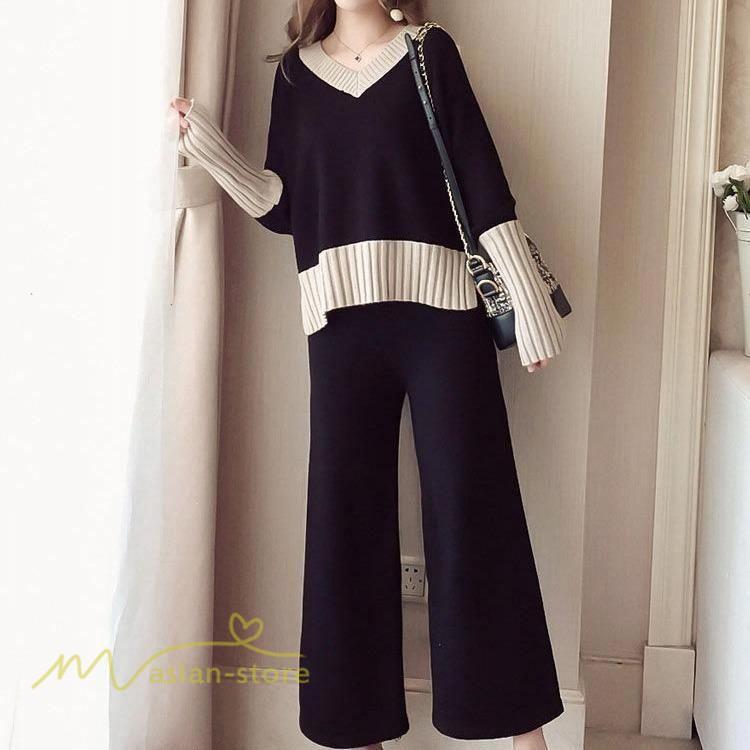 セットアップ | 2点セット ニットセーター レディース 秋 冬 長袖 セーター 上下セット かわいい 20代 30代 カジュアル 40代 ワイドパンツ 着痩せ 50代 新作