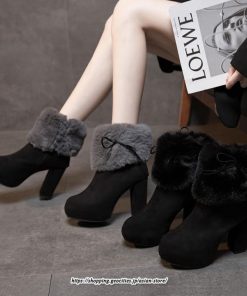 ブーツ | ショートレディース 10cmハイヒール ファー 冬用 保温防寒 太めヒール サイドジッパー スエード調 痛くない 冬靴 オシャレ 歩きやすい 痛くない