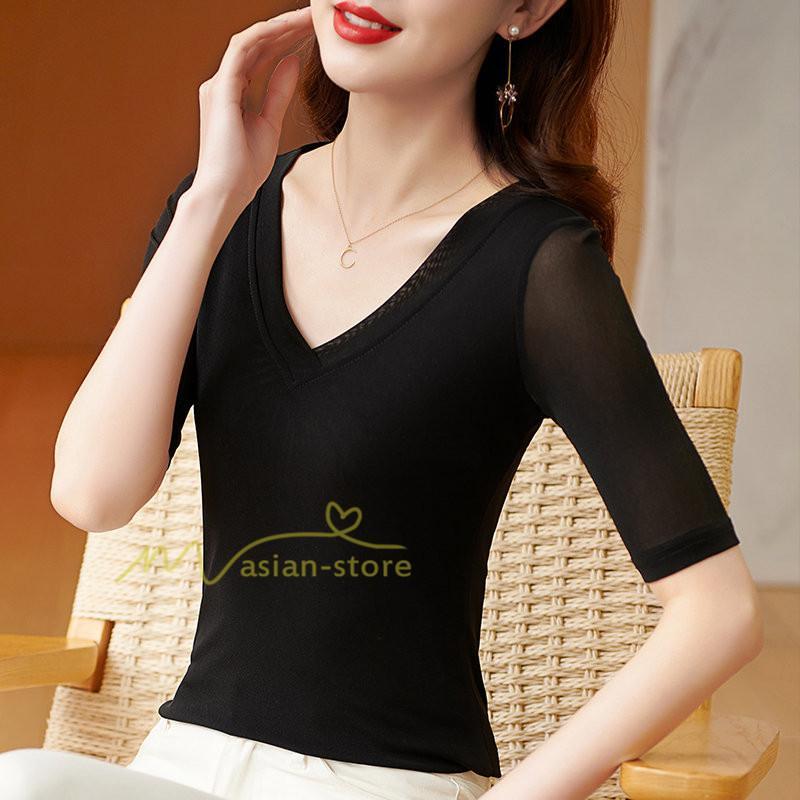 tシャツ・カットソー | Tシャツ レディース カジュアル Vネック おしゃれ 女性用 シンプル 無地 20代30代40代50代 カシュクール インナー フェミニン 上品 お出かけ 着痩せ カジュアル