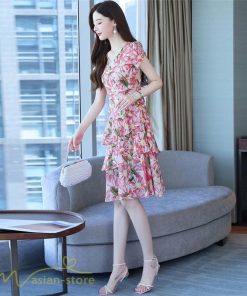 ミディアム | ワンピース レディース Vネック 半袖 花柄 おしゃれ Aライン ミディアムワンピース 着やせ エレガント 大きいサイズ 上品 膝丈 20代 30代 大人 40代