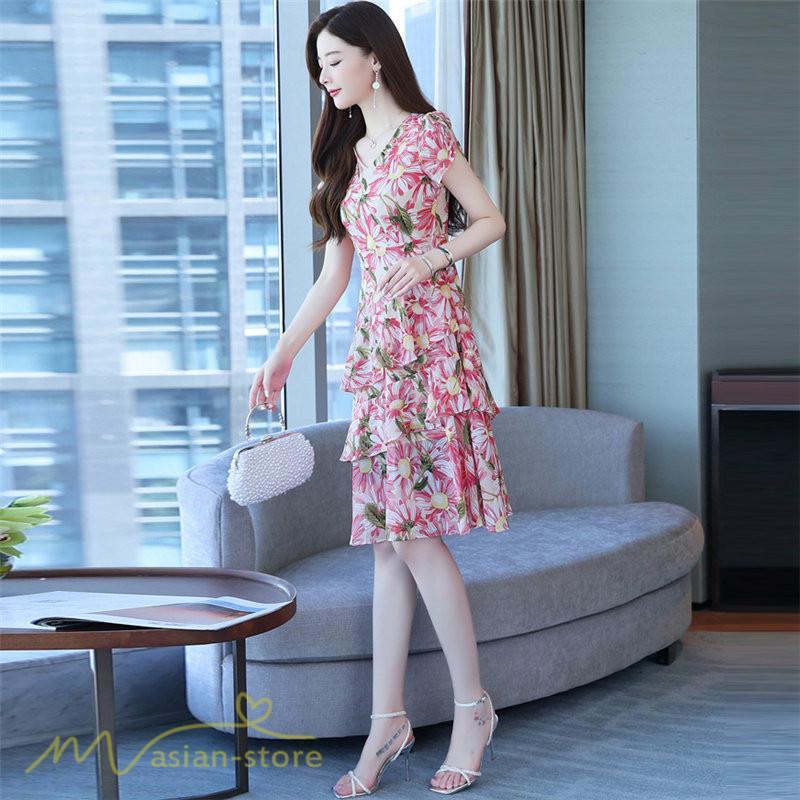 ミディアム | ワンピース レディース Vネック 半袖 花柄 おしゃれ Aライン ミディアムワンピース 着やせ エレガント 大きいサイズ 上品 膝丈 20代 30代 大人 40代