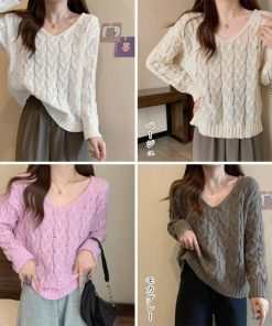 ニット・セーター | ケーブル編みニットトップス Vネック春秋