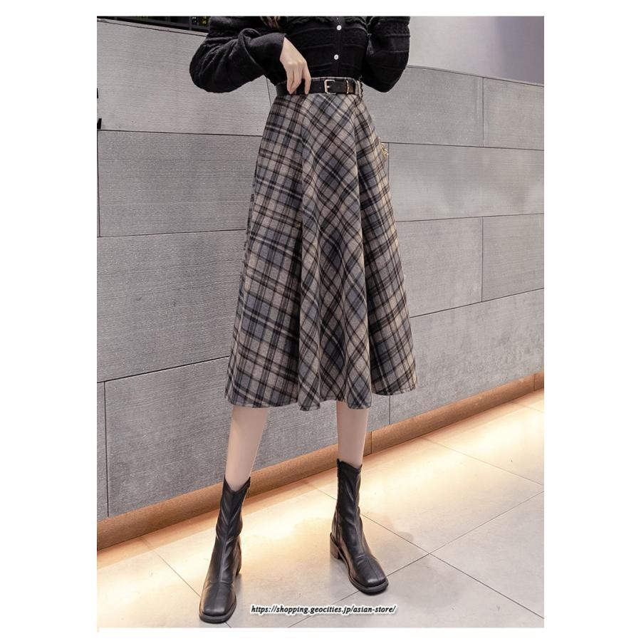 スカート | ロングミモレ レディース フレア Aライン ハイウエスト おしゃれ ゆったり ひざ下 体型カバー チェック柄 ラシャ ベルト付き 30代 20代 40代