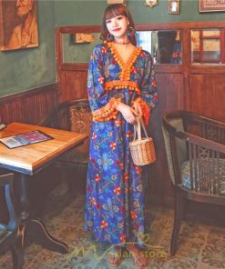 マキシ | ワンピース 長袖 ゆったり 夏秋 レディース 個性的 マキシ丈 楽ちん 体型カバー エスニック 着痩せ 赤 青 オレンジ レトロ 高品質 民族風 20代30代40代 旅行 海