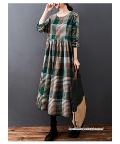 マキシ | チェック柄ワンピースリネン風 長袖ワンピース 30代レディース秋物長袖 綿麻風 ゆったり ゆるシルエット 大人 可愛い 通学通勤 リネンワンピ チェック柄 50代