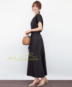 送料無料SALE | ロングワンピース 夏ワンピース 半袖 無地 フレアワンピース Vネック ベルト付き ゴム 女っぽい お呼ばれワンピース 大人 30代40代 ワンピ パーティー