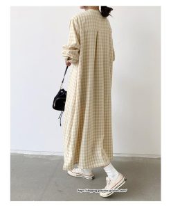 マキシ | 長袖ワンピース チェック柄ワンピース ロングワンピース レディース 秋物 ワンピース 楽チン 綿ワンピース 綿シャツワンピ スタンドカラー ゆったり 大きめ