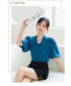 シャツ・ブラウス | ブラウス レディース オフィス シャツ 青 フォーマル 半袖 おしゃれ カジュアル フェミニン 開襟 着痩せ フランス風 お仕事 クラシック ビジネス 通勤 OL