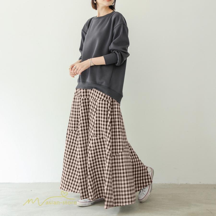 スカート | ロング夏新作 フレア切り替え チェック柄 20代30代 大人 40代50代 可愛い 60代 ゆったり 広い裾 ウエストゴム 6色 春 ダンス舞台 綿 春夏 秋