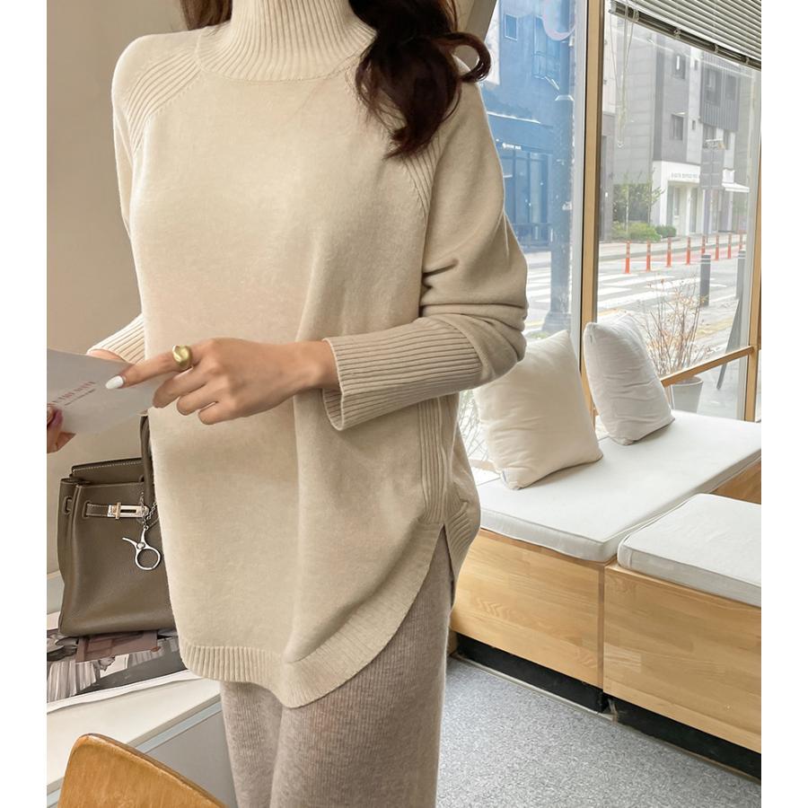 ニット・セーター | ニット レディース 秋冬 厚手 トップス セーター 秋服コーデ 長袖 ブランド裾 不規則 スリット ゆったり ニットセーター 大人 上品 ハイネック 無地 30代