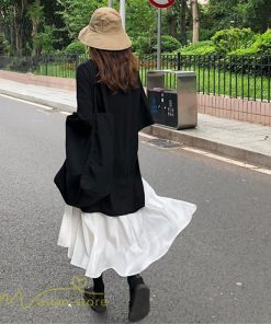 ミディアム | 夏ワンピース 切り替え ロング丈 黒白 フェイク フレア Aライン 五分袖 レイヤード風 重ね着風 Vネック 可愛い ミモレ丈 大人 20代30代40代 ゆったり