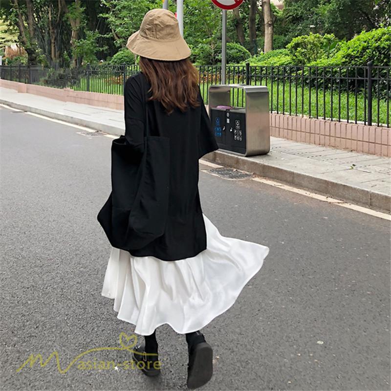 ミディアム | 夏ワンピース 切り替え ロング丈 黒白 フェイク フレア Aライン 五分袖 レイヤード風 重ね着風 Vネック 可愛い ミモレ丈 大人 20代30代40代 ゆったり