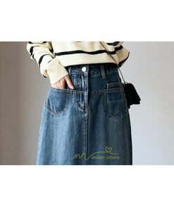 スカート | 秋デニムレディース 秋物 ロングミモレ丈 フロントスリット入れ ポケットあり スリム ストレート 無地 ボトムス キレイめ デニム お洒落