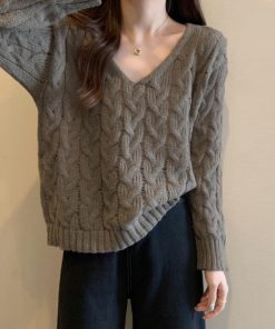 ニット・セーター | ケーブル編みニットトップス Vネック春秋