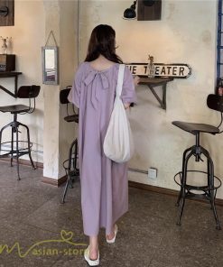 マキシ | ワンピース パフスリーブ 半袖 スクエアネック ゆったり 体型カバー ゆるワンピース フリーサイズ かわいい 無地 シンプル おしゃれ お出かけ レトロ 夏物 上品