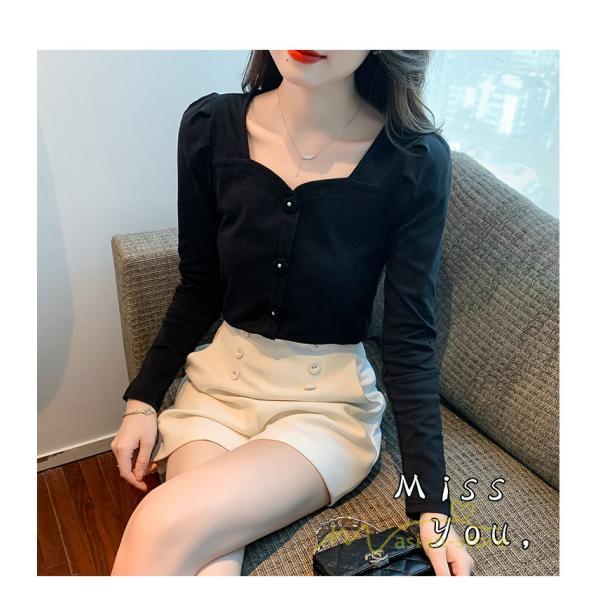 tシャツ・カットソー | ショート丈Tシャツ レディース 長袖Tシャツ カットソー タイト スリム 無地 トップス 綿 秋物 可愛い 小さい 通学通勤 20代30代 インナー 綿Tシャツ