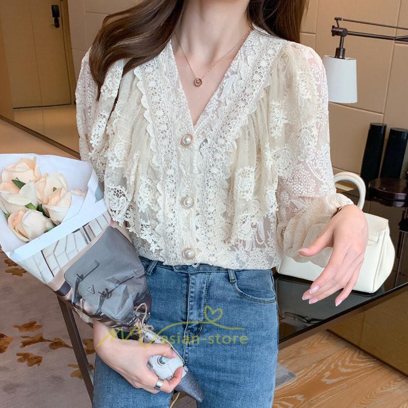シャツ・ブラウス | ブラウス レディース きれいめ 40代 春秋 オシャレ 長袖 ブラウス レーストップス 夏物 Vネック 20代30代 着痩せ 通勤通学 着回し カジュアル 韓国ファッション