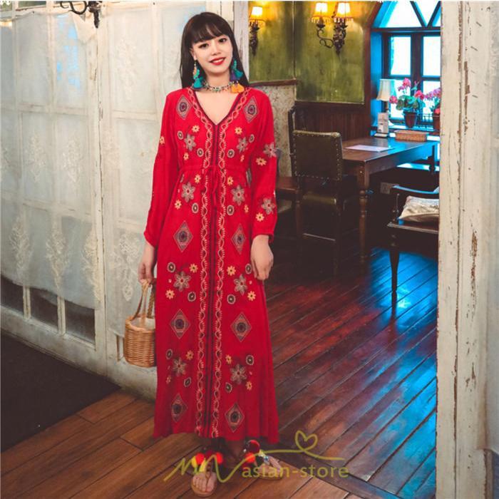 マキシ | ワンピース 長袖 レディース ロング丈 マキシ丈 綿麻 コットン リネン Aライン ゆったり 体型カバー 大人 可愛い 海外旅行 秋 夏 エスニック ナチュラル 春