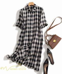 送料無料SALE | チェックワンピース 半袖ワンピース 夏ワンピース シャツワンピース ロングシャツ 膝上丈 麻 羽織り 前開き ポケット 30代40代 可愛い スリム 女の子