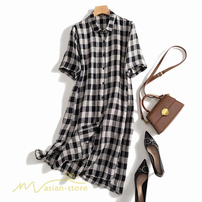 送料無料SALE | チェックワンピース 半袖ワンピース 夏ワンピース シャツワンピース ロングシャツ 膝上丈 麻 羽織り 前開き ポケット 30代40代 可愛い スリム 女の子