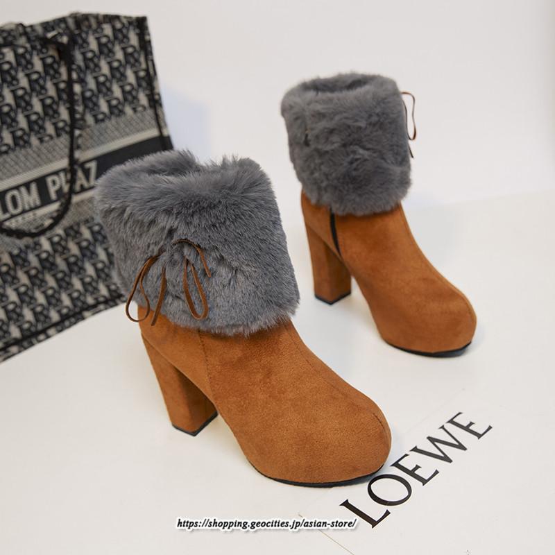 ブーツ | ショートレディース 6cmヒール ファー サイドジッパー 太めヒール 冬 保温 防寒 大きいサイズ 痛くない 冬靴 あったか オシャレ 疲れない