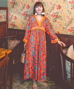 マキシ | ワンピース 長袖 ゆったり 夏秋 レディース 個性的 マキシ丈 楽ちん 体型カバー エスニック 着痩せ 赤 青 オレンジ レトロ 高品質 民族風 20代30代40代 旅行 海