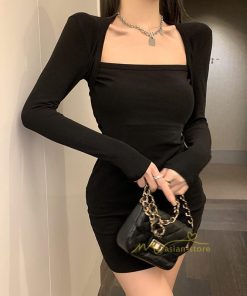 ミニ丈 | ニットワンピース ショート丈 レディース セクシー 長袖タイトワンピ 着やせ おしゃれ パーティードレス ファッション ミニワンピ スクエアネック ストレッチ
