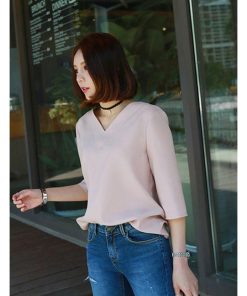 シャツ・ブラウス | シャツブラウス レディース シャツ 五分袖 Vネック 無地 トップス カットソー 可愛い 大人 30代 40代 50代 フォーマル ピンク 白 ブルー オフィス