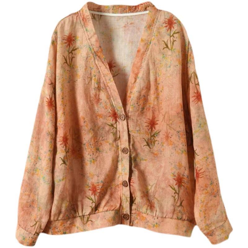 カーディガン | 麻混 レディース 花柄 初秋 リネン カジュアル Vネック 長袖 羽織 きれいめ 春 夏 秋 薄手 おしゃれ 40代50代 ゆったり 20代30代 大きいサイズ