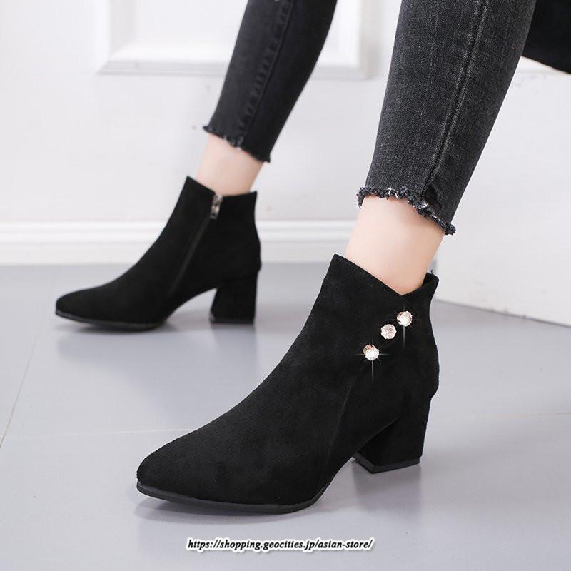 ブーツ | ショートブーティ レディース スエード調 太めヒール 靴 人工水晶 キラキラ オシャレ お出かけ デート キレイめ 通勤 20代30代40代50代