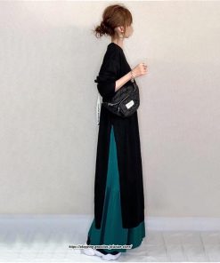 セットアップ | ワンピース スカート ロングワンピース フレアスカート 2点セット レディース 秋物 秋冬 長袖 Vネック スリット 大人 ウエストゴム ゆったり