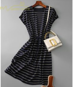 ミディアム | ワンピース レディース 夏服 綿ワンピース Aライン クルーネック 半袖 コットン おしゃれ キレイめ ウエストリボン付き 膝丈 ボーダー