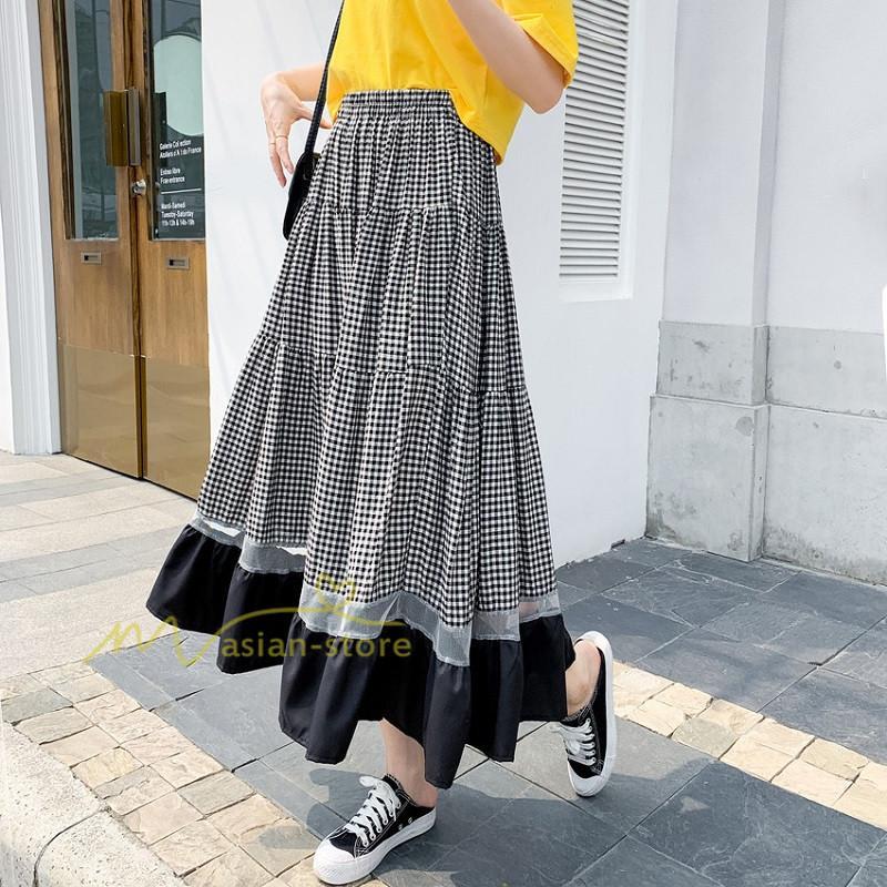 スカート | フレア ロング春物 レディース 春夏 チェック柄 ドッキング リゾート 体型カバー お出かけ 20代30代40代50代 着痩せ 通勤通学 カジュアル