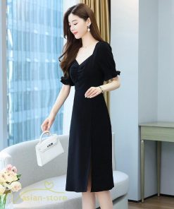 ミディアム | ワンピース レディース 着痩せ 半袖 Vネック カジュアル Aライン おしゃれ ミディアムワンピース エレガント 大きいサイズ 黒 夏 サマーワンピース 夏服 新作