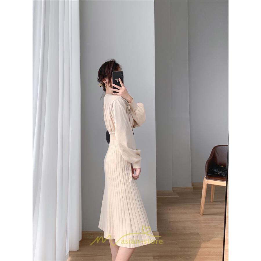 ニットワンピース | レディース 冬 きれいめ ロング おしゃれ 秋冬 長袖 送料無料 着痩せ 無地 通勤 提灯袖 可愛い パフスリーブ 20代30代40代50代