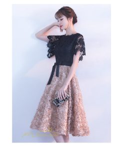 大人 | パーティードレス ドレス 刺繍 切り替え 上品 膝丈ワンピース 半袖 エレガント 二次会 結婚式 お呼ばれドレス 披露宴 黒+カーキ 卒業式 フレアワンピース ママ