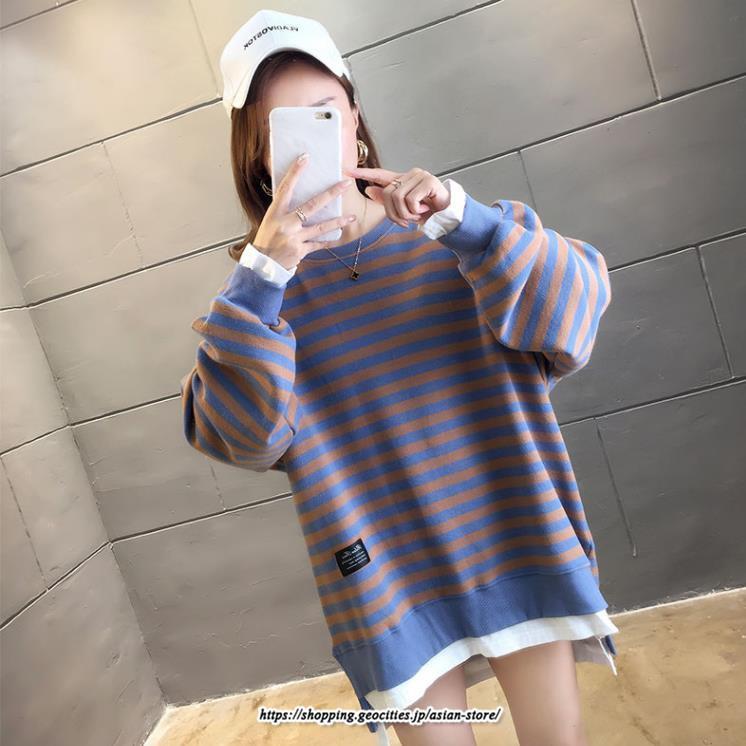 パーカー | 重ね着風トレーナー レディース 長袖 トップス カジュアル スウェット ボーダー柄 ゆったり トレーナー トップス 切り替え 可愛い きれいめ レイヤード風