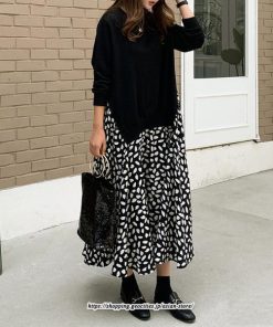 マキシ | ドッキングワンピース 長袖ワンピース 秋ワンピース 切替 フレアワンピース Aライン ロングワンピース レイヤード風 ライトスウェット Tシャツ切り替え