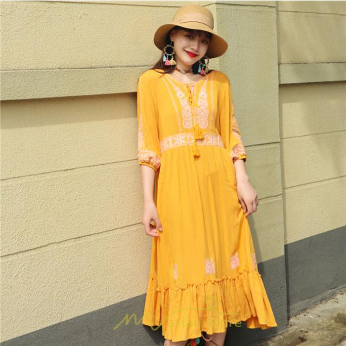 マキシ | ワンピース きれいめ レディース 夏 秋 ロング 上品 大人 七分袖 お出かけ 高見え 赤 白 黄色 上質 20代 50代 40代 ゆったり リゾート 30代 旅行 体型隠し