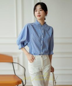 シャツ・ブラウス | ブラウス コットン 七分袖 レディース 青 入学式 入園式 卒業式 卒園式 フォーマル 結婚式 ママ 着痩せ 華奢見え OL お仕事 20代30代40代 通勤 新作 ビジネス