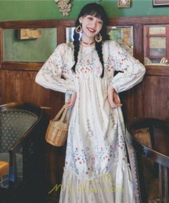 マキシ | ロングワンピース レディース  夏 秋 リゾート ルームワンピース 長袖 ゆったり ロング丈 旅行用 バブルスリーブ かわいい 後ボタン付き レトロ風 丸首